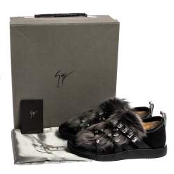 Giuseppe Zanotti Black Suede and Fur Christie Crystal Embellished Slip On Sneakers Size 39