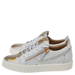 Pre Owned Giuseppe Zanotti White/Gold Python Embossed Leather Dona Low Top Sneakers Size 40