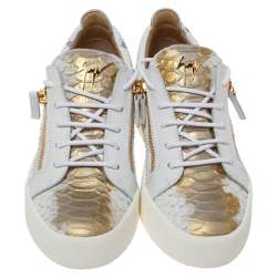 Pre Owned Giuseppe Zanotti White/Gold Python Embossed Leather Dona Low Top Sneakers Size 40