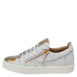 Pre Owned Giuseppe Zanotti White/Gold Python Embossed Leather Dona Low Top Sneakers Size 40