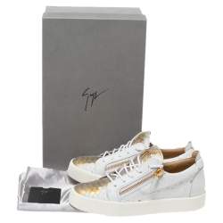 Pre Owned Giuseppe Zanotti White/Gold Python Embossed Leather Dona Low Top Sneakers Size 40