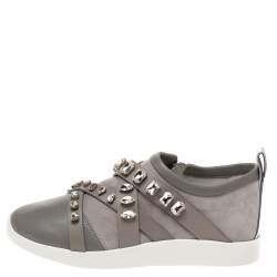 Pre Owned Giuseppe Zanotti Grey Suede Leather Crystal Embellihsed Low Top Sneakers Size 37.5