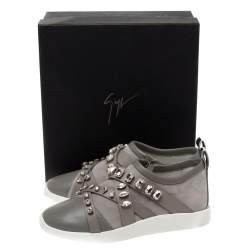 Pre Owned Giuseppe Zanotti Grey Suede Leather Crystal Embellihsed Low Top Sneakers Size 37.5