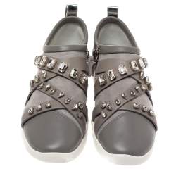 Pre Owned Giuseppe Zanotti Grey Suede Leather Crystal Embellihsed Low Top Sneakers Size 37.5