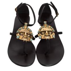 Pre Owned Giuseppe Zanotti Black Leather Embellished Strappy Flat Sandals Size 40