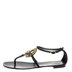 Pre Owned Giuseppe Zanotti Black Leather Embellished Strappy Flat Sandals Size 40