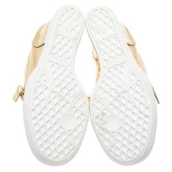 Pre Owned Giuseppe Zanotti Gold Croc Embossed Leather Double Zip Wedge Sneakers Size 37