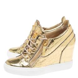 Pre Owned Giuseppe Zanotti Gold Croc Embossed Leather Double Zip Wedge Sneakers Size 37