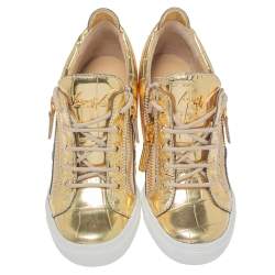 Pre Owned Giuseppe Zanotti Gold Croc Embossed Leather Double Zip Wedge Sneakers Size 37