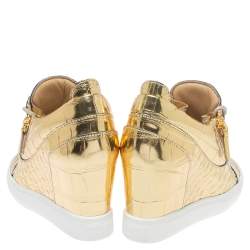Pre Owned Giuseppe Zanotti Gold Croc Embossed Leather Double Zip Wedge Sneakers Size 37