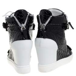 Pre Owned Giuseppe Zanotti Black Python Embossed Patent Leather Lorenz Wedge High Top Sneakers Size 37