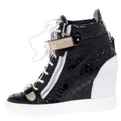 Pre Owned Giuseppe Zanotti Black Python Embossed Patent Leather Lorenz Wedge High Top Sneakers Size 37