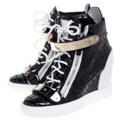 Pre Owned Giuseppe Zanotti Black Python Embossed Patent Leather Lorenz Wedge High Top Sneakers Size 37
