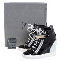 Pre Owned Giuseppe Zanotti Black Python Embossed Patent Leather Lorenz Wedge High Top Sneakers Size 37