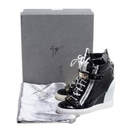 Pre Owned Giuseppe Zanotti Black Python Embossed Patent Leather Lorenz Wedge High Top Sneakers Size 38
