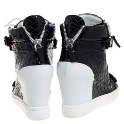 Pre Owned Giuseppe Zanotti Black Python Embossed Patent Leather Lorenz Wedge High Top Sneakers Size 38