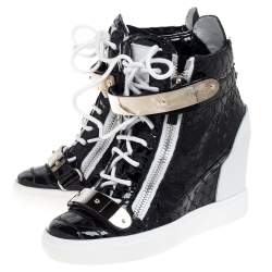 Pre Owned Giuseppe Zanotti Black Python Embossed Patent Leather Lorenz Wedge High Top Sneakers Size 38