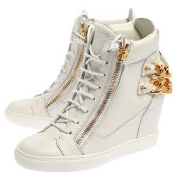 Pre Owned Giuseppe Zanotti White Leather Chain Detail High Top Wedge Sneakers Size 41