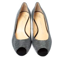 Pre Owned Giuseppe Zanotti Metallic Grey Glitter Fabric Wedge Peep Toe Pumps Size 41