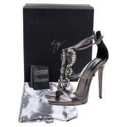 Pre Owned Giuseppe Zanotti Metallic Grey Crystal Embellished Strappy Sandals Size 40