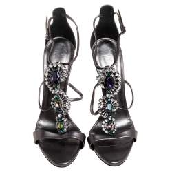 Pre Owned Giuseppe Zanotti Metallic Grey Crystal Embellished Strappy Sandals Size 40