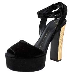 Pre Owned Giuseppe Zanotti Black Velvet Lavinia  Ankle Strap Platform Sandals Size 37