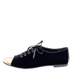 Pre Owned Giuseppe Zanotti Blue Velvet Gold Tone Cap Toe Oxford Flats Size 41