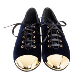 Pre Owned Giuseppe Zanotti Blue Velvet Gold Tone Cap Toe Oxford Flats Size 41