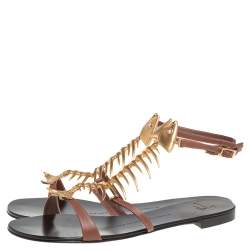 Pre Owned Giuseppe Zanotti Brown Leather Fish Embellished Strap Flats Size 36