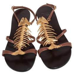 Pre Owned Giuseppe Zanotti Brown Leather Fish Embellished Strap Flats Size 36