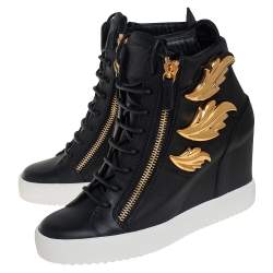 Pre Owned Giuseppe Zanotti Black Leather Wing Detail High Top Wedge Sneakers 41