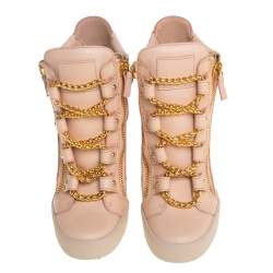 Pre Owned Giuseppe Zanotti Beige Leather Chain Detail High Top Wedge Sneakers Size 39