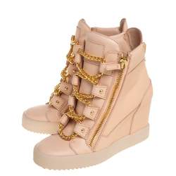 Pre Owned Giuseppe Zanotti Beige Leather Chain Detail High Top Wedge Sneakers Size 39