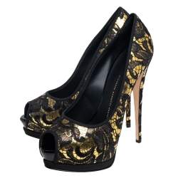 مملوكة مسبقًا Giuseppe Zanotti Black/Gold Leather and Lace Peep Toe Platform Pumps Size 41