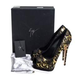 مملوكة مسبقًا Giuseppe Zanotti Black/Gold Leather and Lace Peep Toe Platform Pumps Size 41