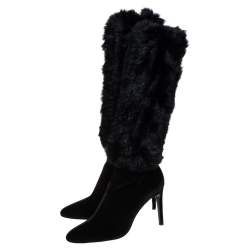 Giuseppe Zanotti Black Stretch Fabric And Fur Bimba Knee High Boots Size 40