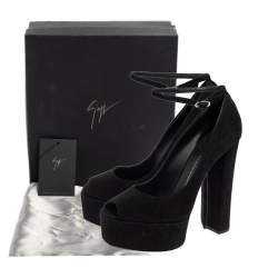 Pre Owned حذاء كعب عالي جوسيبي زانوتي سويدي أسود مقدمة مفتوحة نعل سميك حزام للكاحل مقاس 40