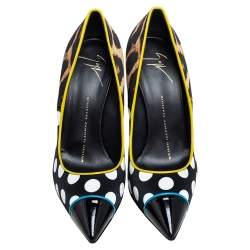 مملوكة مسبقًا Giuseppe Zanotti Multicolor Leopard/Polka Dots Satin and Patent Leather Yvette Pointed Toe Pumps 37