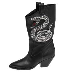 Giuseppe Zanotti Black Leather Snake Embellished Guns 55 Cowboy Boots Size 37