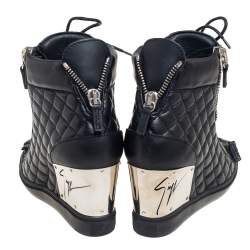 Pre Owned Giuseppe Zanotti Black Quilted Leather Double Zip Wedge Sneakers Size 41