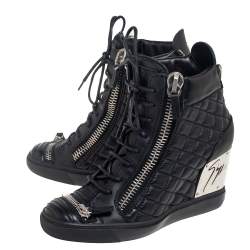 Pre Owned Giuseppe Zanotti Black Quilted Leather Double Zip Wedge Sneakers Size 41