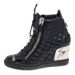 Pre Owned Giuseppe Zanotti Black Quilted Leather Double Zip Wedge Sneakers Size 41
