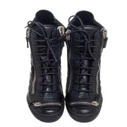 Pre Owned Giuseppe Zanotti Black Quilted Leather Double Zip Wedge Sneakers Size 41