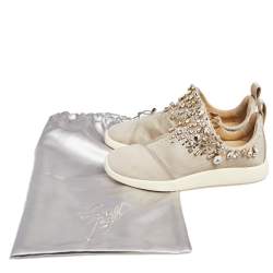 Pre Owned Giuseppe Zanotti Grey/Beige Crystal Embellished Suede And Mesh May London Slip On Sneakers Size 37