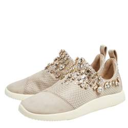 Pre Owned Giuseppe Zanotti Grey/Beige Crystal Embellished Suede And Mesh May London Slip On Sneakers Size 37