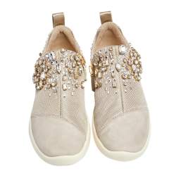 Pre Owned Giuseppe Zanotti Grey/Beige Crystal Embellished Suede And Mesh May London Slip On Sneakers Size 37
