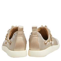 Pre Owned Giuseppe Zanotti Grey/Beige Crystal Embellished Suede And Mesh May London Slip On Sneakers Size 37