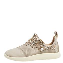 Pre Owned Giuseppe Zanotti Grey/Beige Crystal Embellished Suede And Mesh May London Slip On Sneakers Size 37