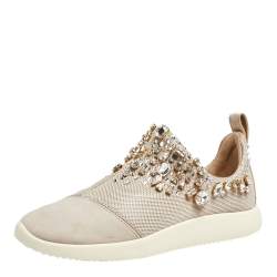 Pre Owned Giuseppe Zanotti Grey/Beige Crystal Embellished Suede And Mesh May London Slip On Sneakers Size 37