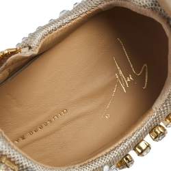 Pre Owned Giuseppe Zanotti Grey/Beige Crystal Embellished Suede And Mesh May London Slip On Sneakers Size 37